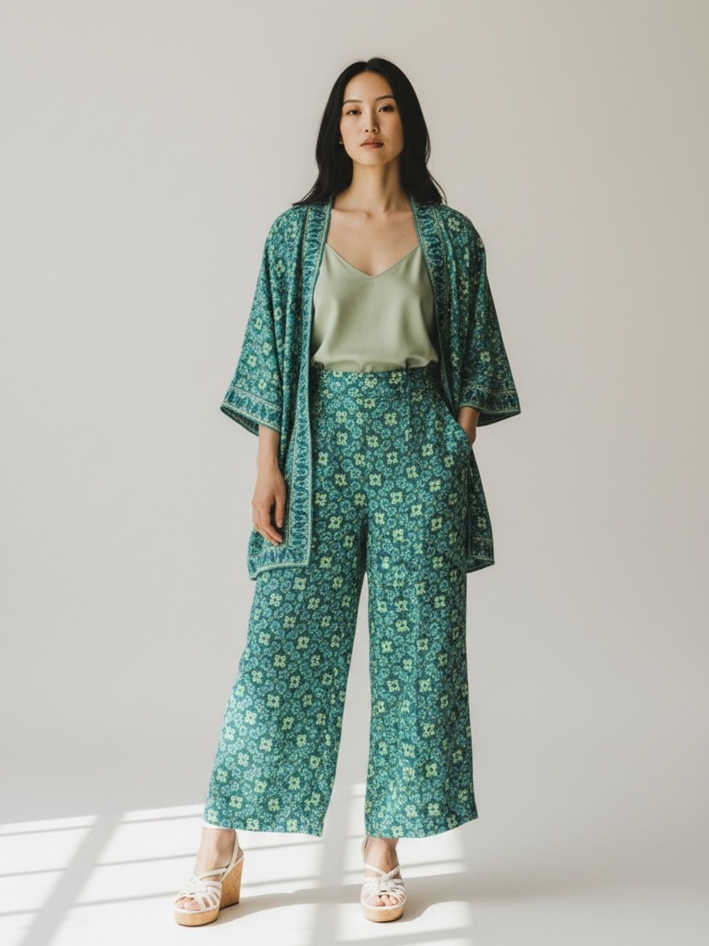 Max Studio Kimono Green Floral Wide-Leg Pants Set - Picture 1 of 11